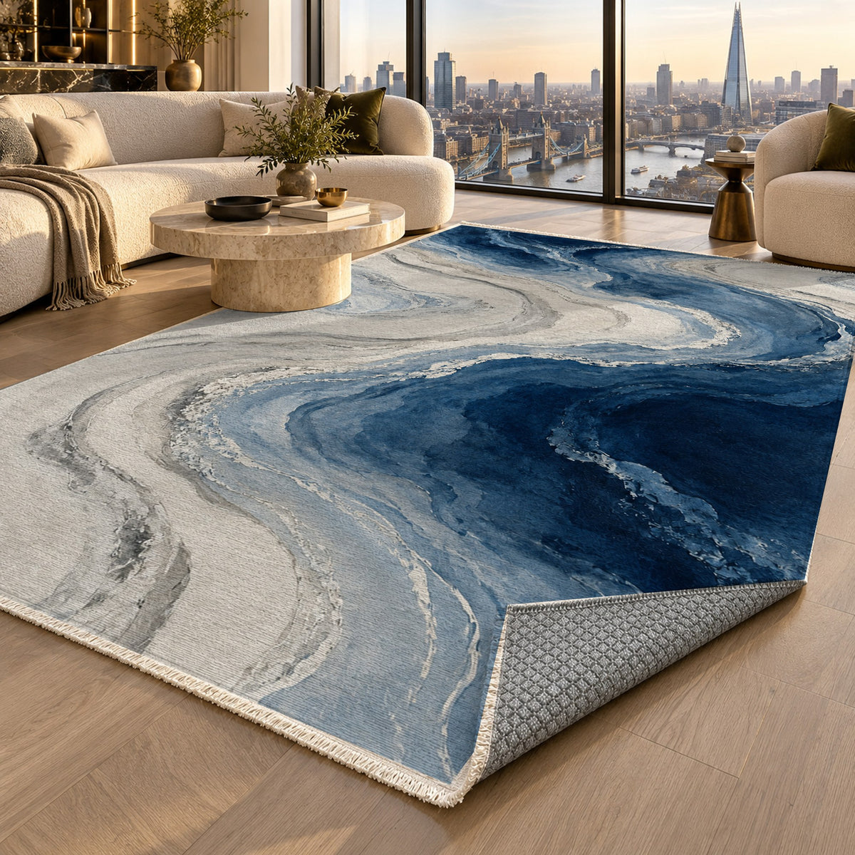 Coastal Contours Indigo Abstract Washable Rug — london luxury living