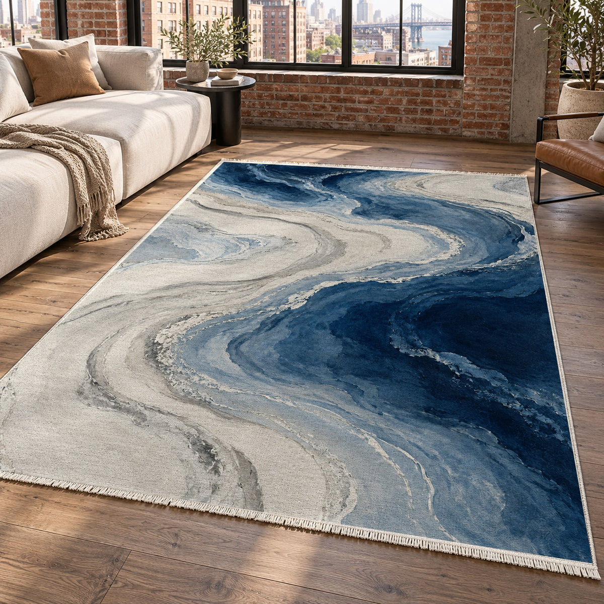 Coastal Contours Indigo Abstract Washable Rug — new york living