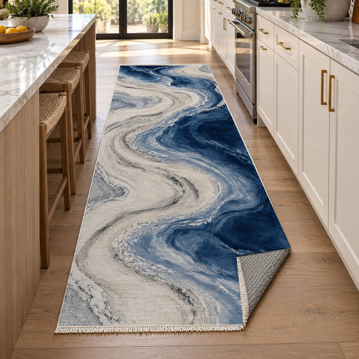 Coastal Contours Indigo Abstract Washable Rug — new york kitchen runner