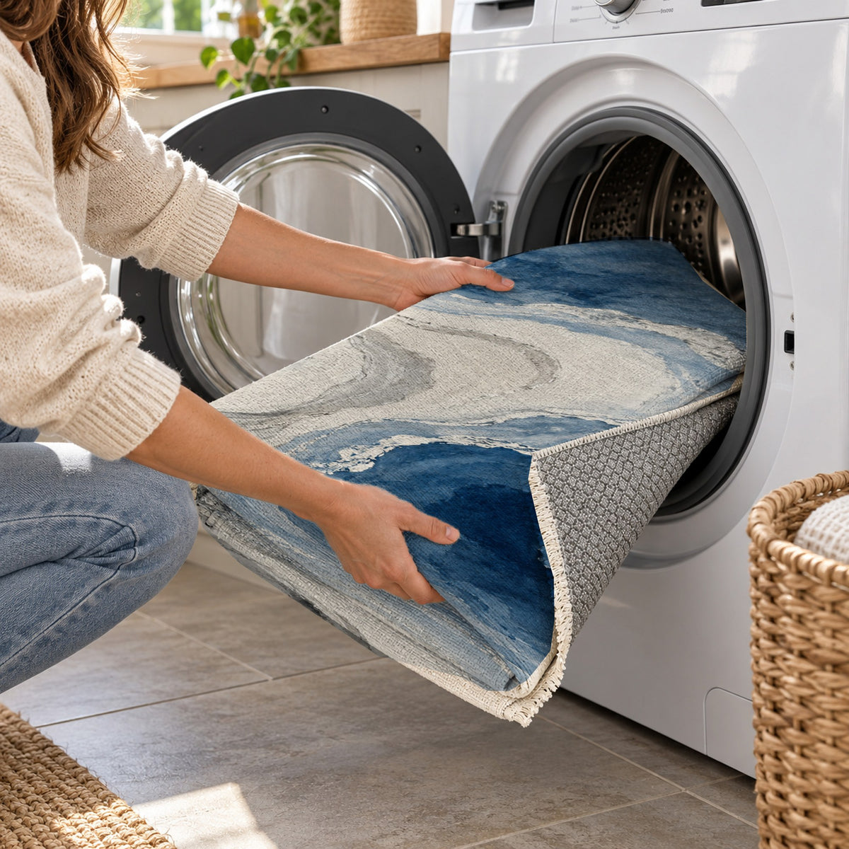 Coastal Contours Indigo Abstract Washable Rug — washing machine