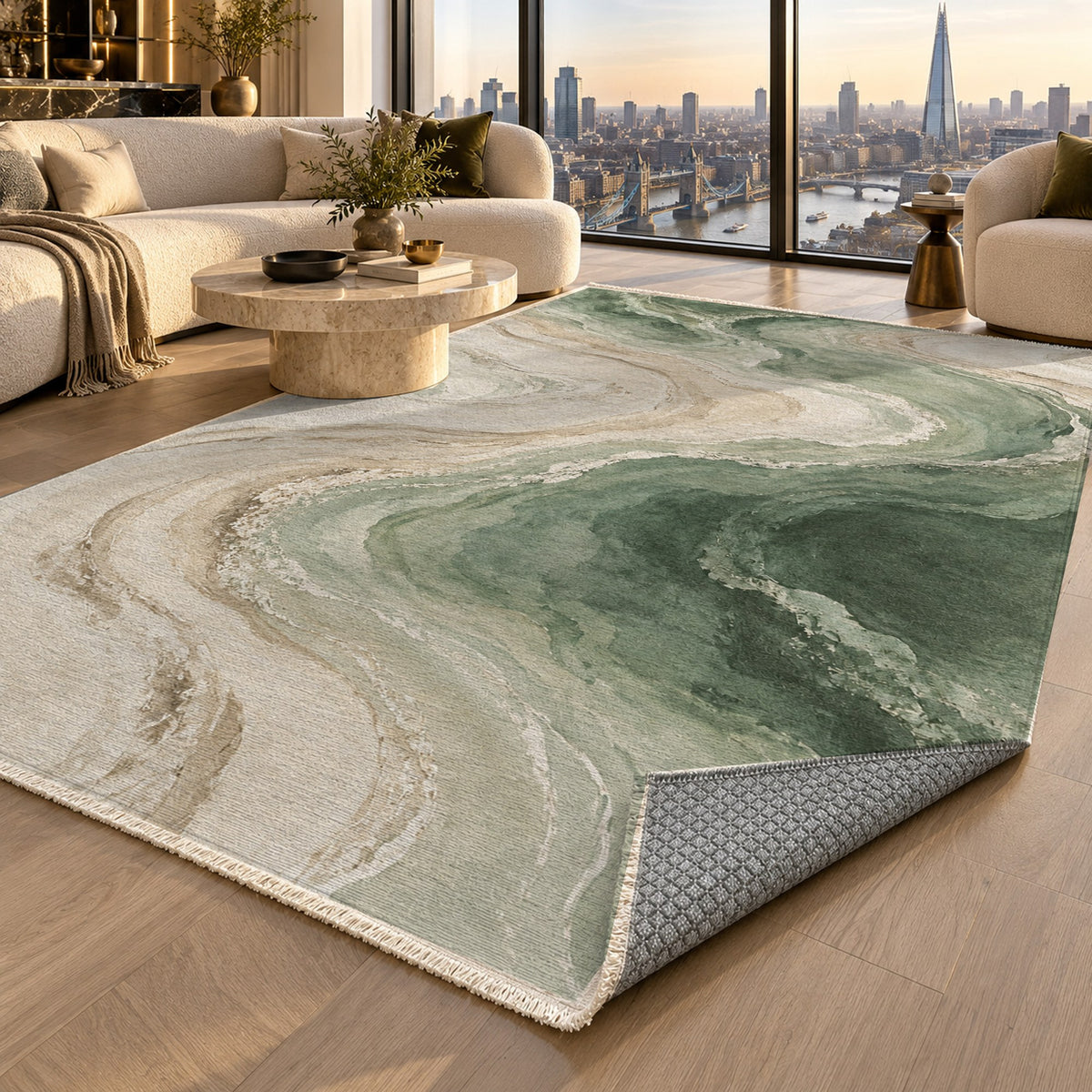 Coastal Contours Sage Abstract Washable Rug — london luxury living