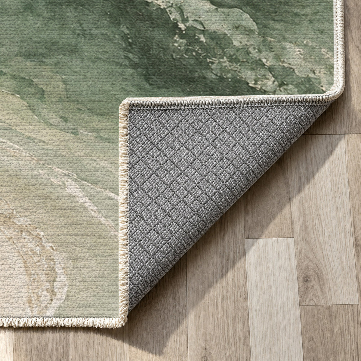Coastal Contours Sage Abstract Washable Rug — backing close up