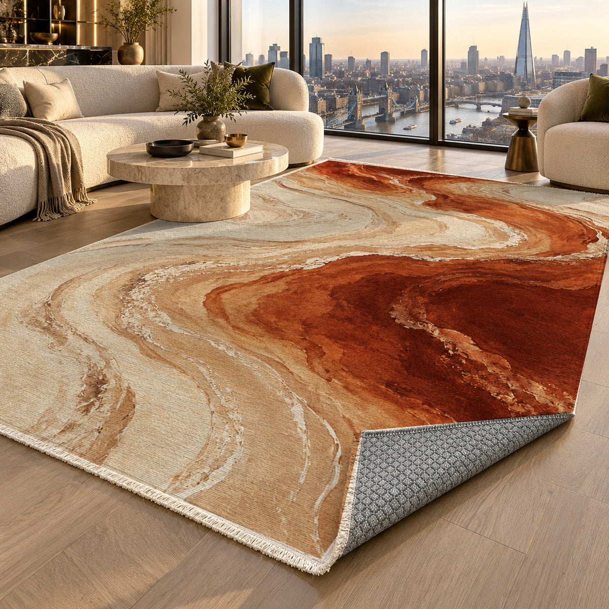 Coastal Contours Terracotta Abstract Washable Rug — london luxury living