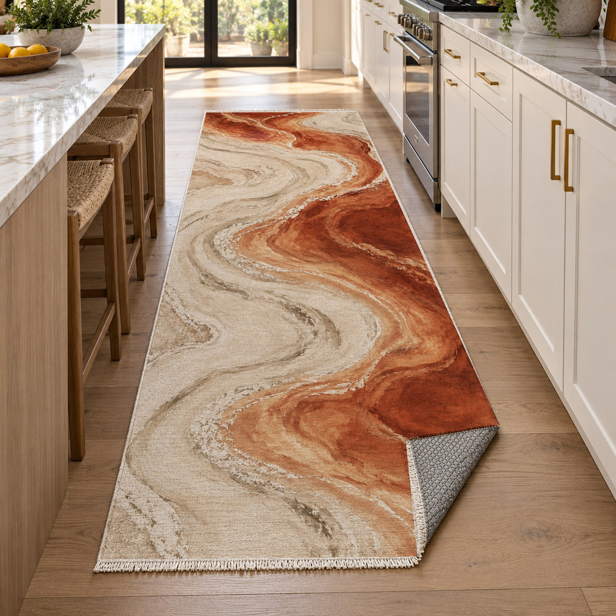 Coastal Contours Terracotta Abstract Washable Rug — new york kitchen runner