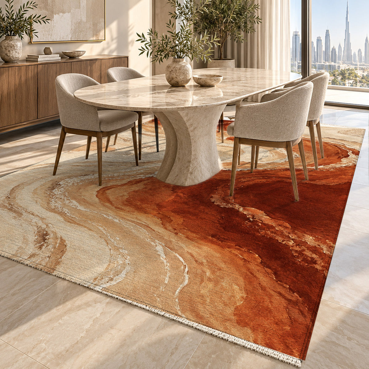 Coastal Contours Terracotta Abstract Washable Rug — dubai dining