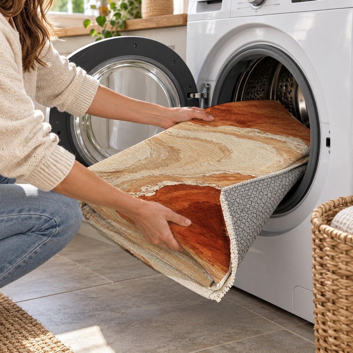 Coastal Contours Terracotta Abstract Washable Rug — washing machine