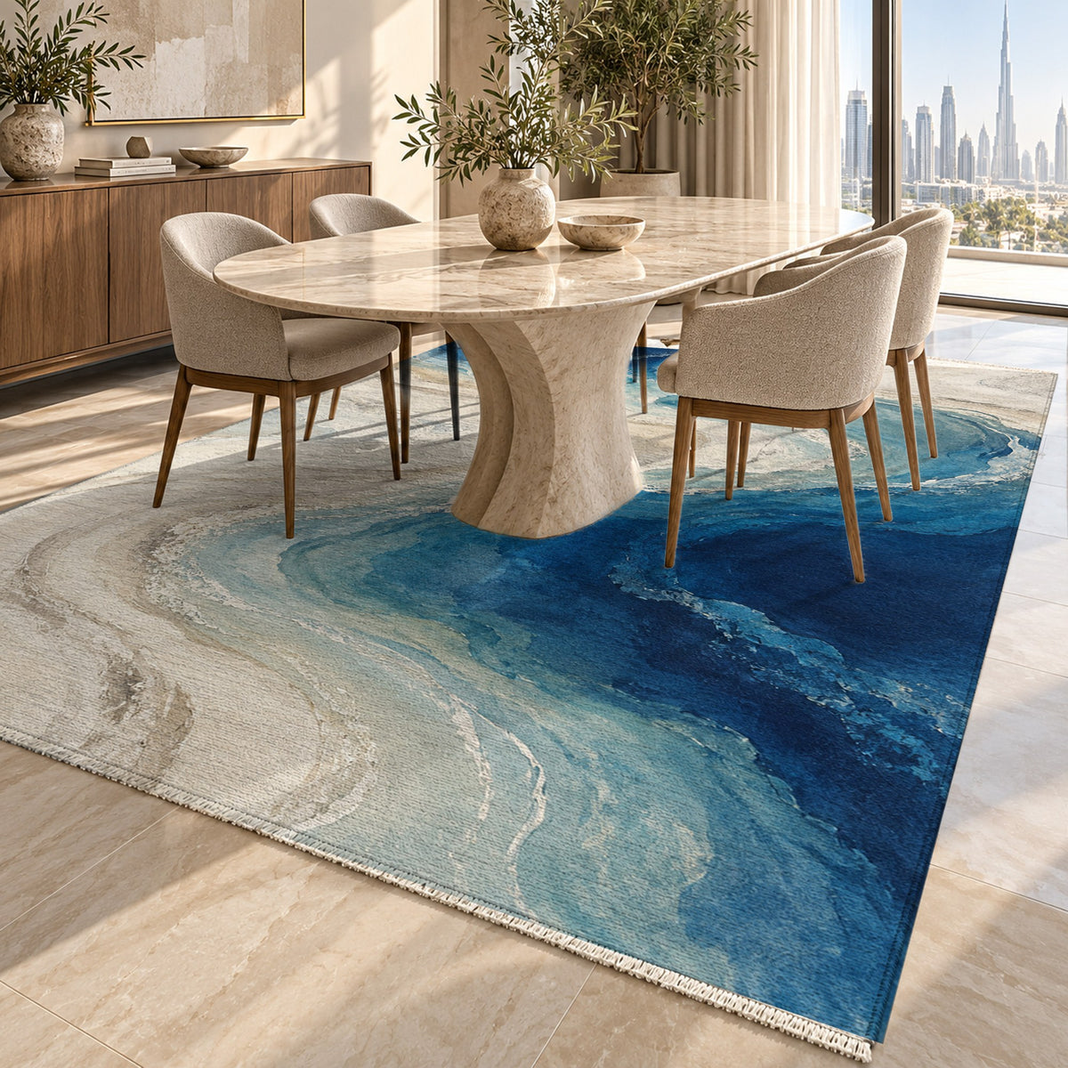 Coastal Contours Abstract Washable Rug — dubai dining