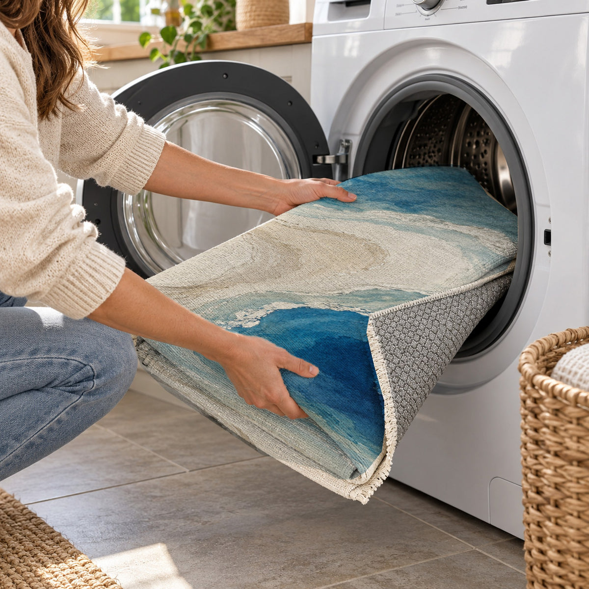 Coastal Contours Abstract Washable Rug — washing machine