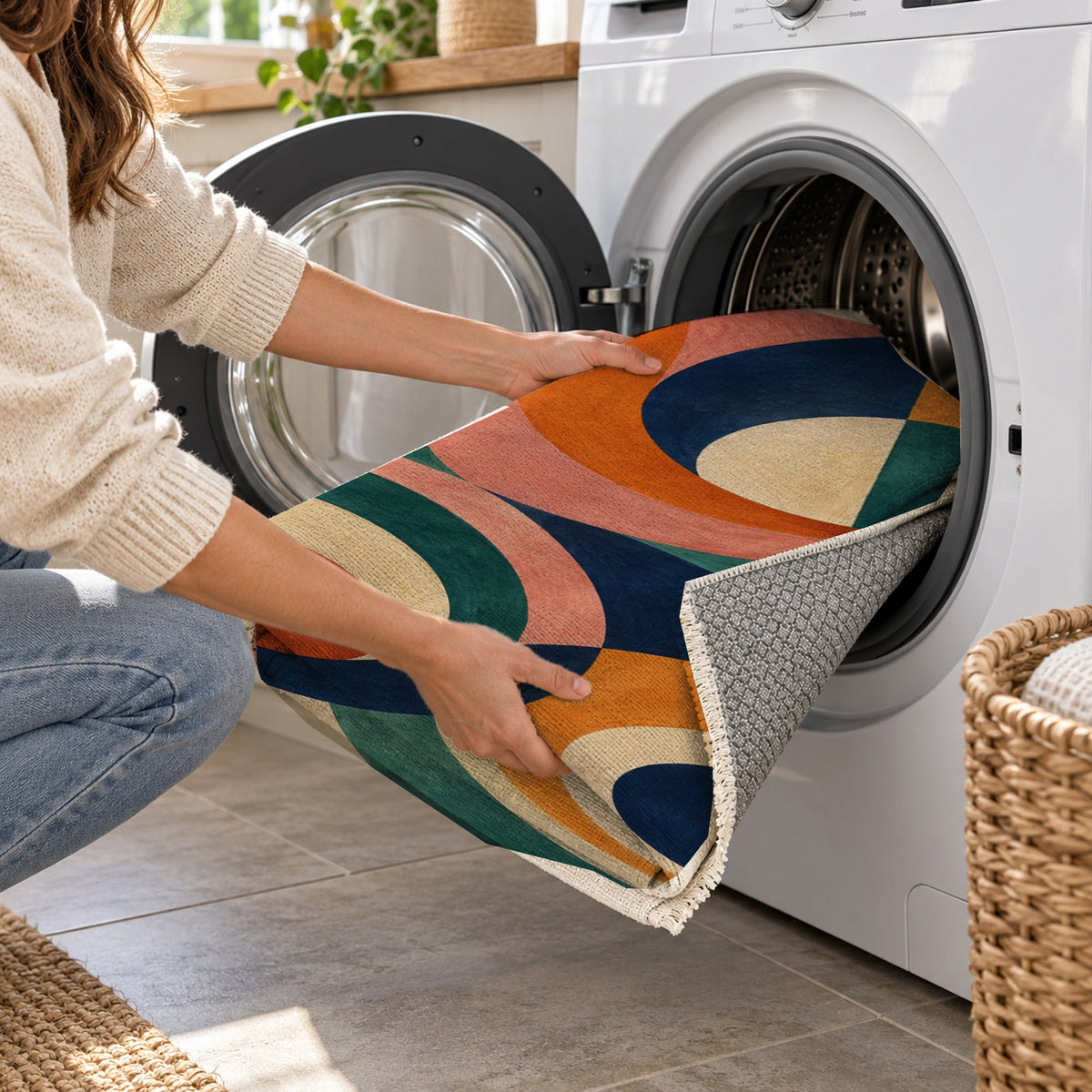 Colour Tides Abstract Washable Rug — washing machine