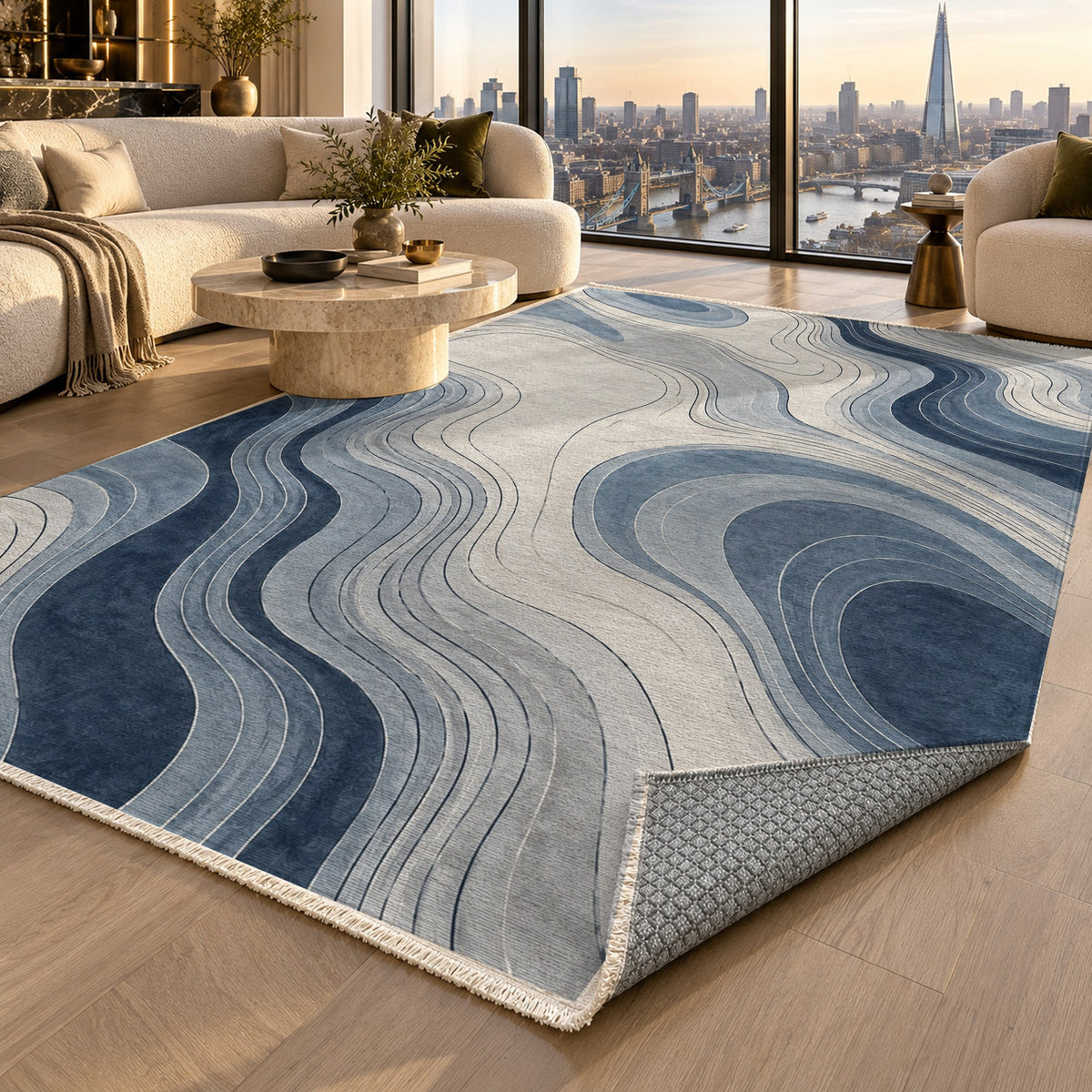 Contour Flow Blue Grey Modern Washable Rug — london luxury living