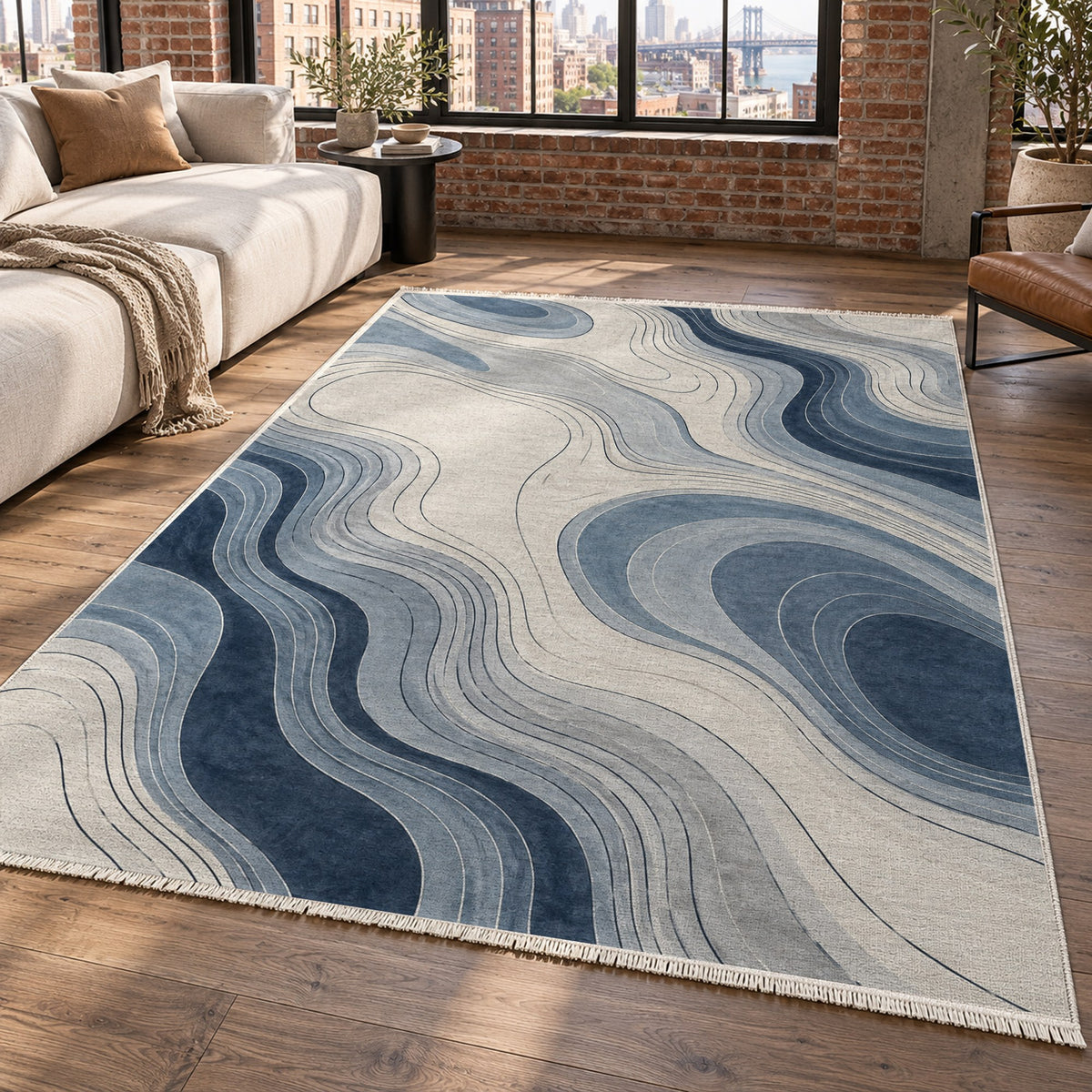 Contour Flow Blue Grey Modern Washable Rug — new york living