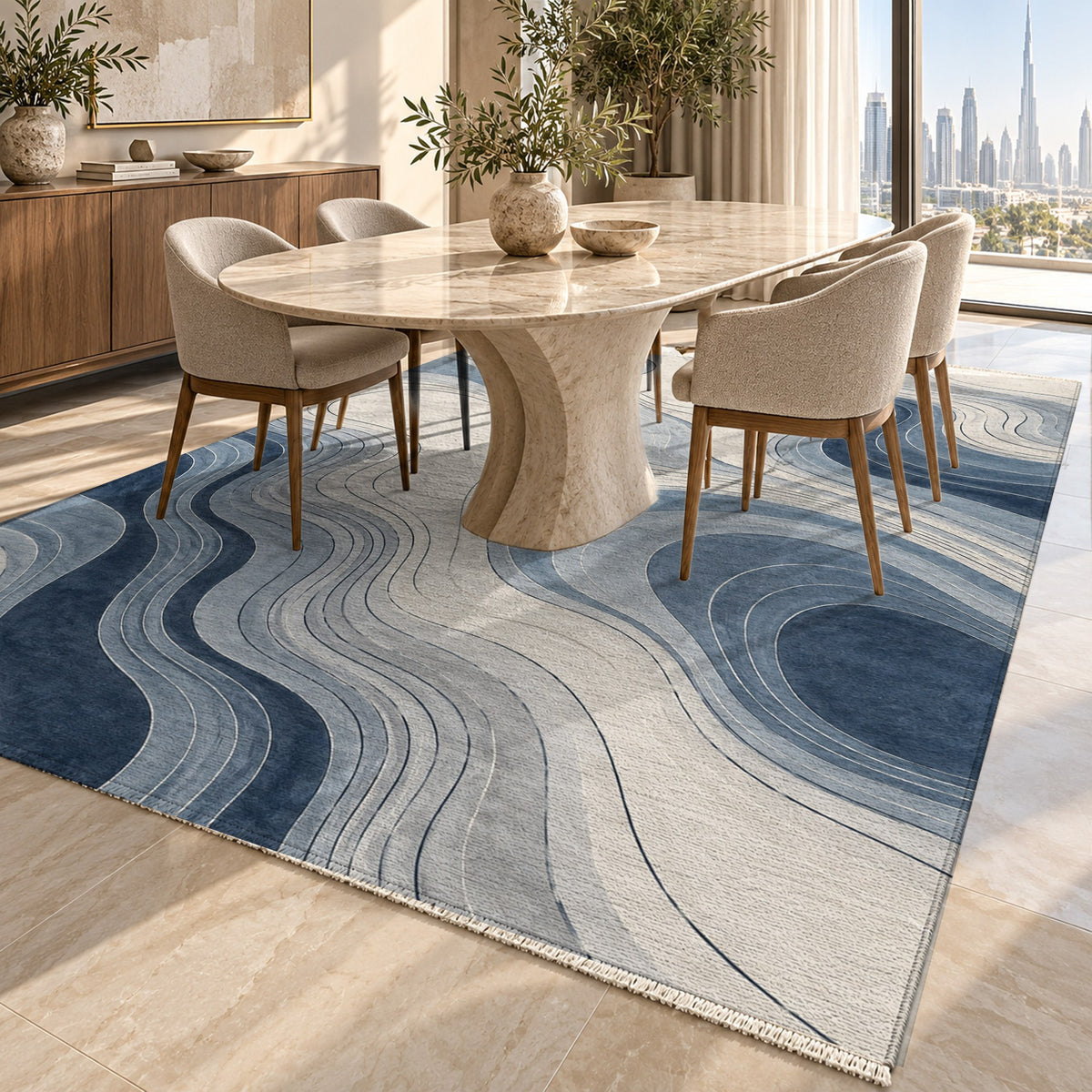 Contour Flow Blue Grey Modern Washable Rug — dubai dining