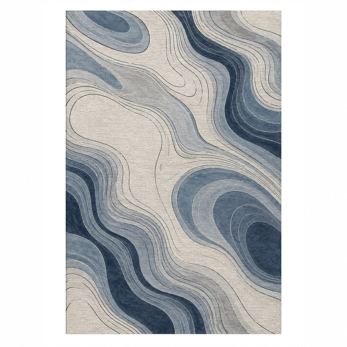 Contour Flow Blue Grey Modern Washable Rug — top view