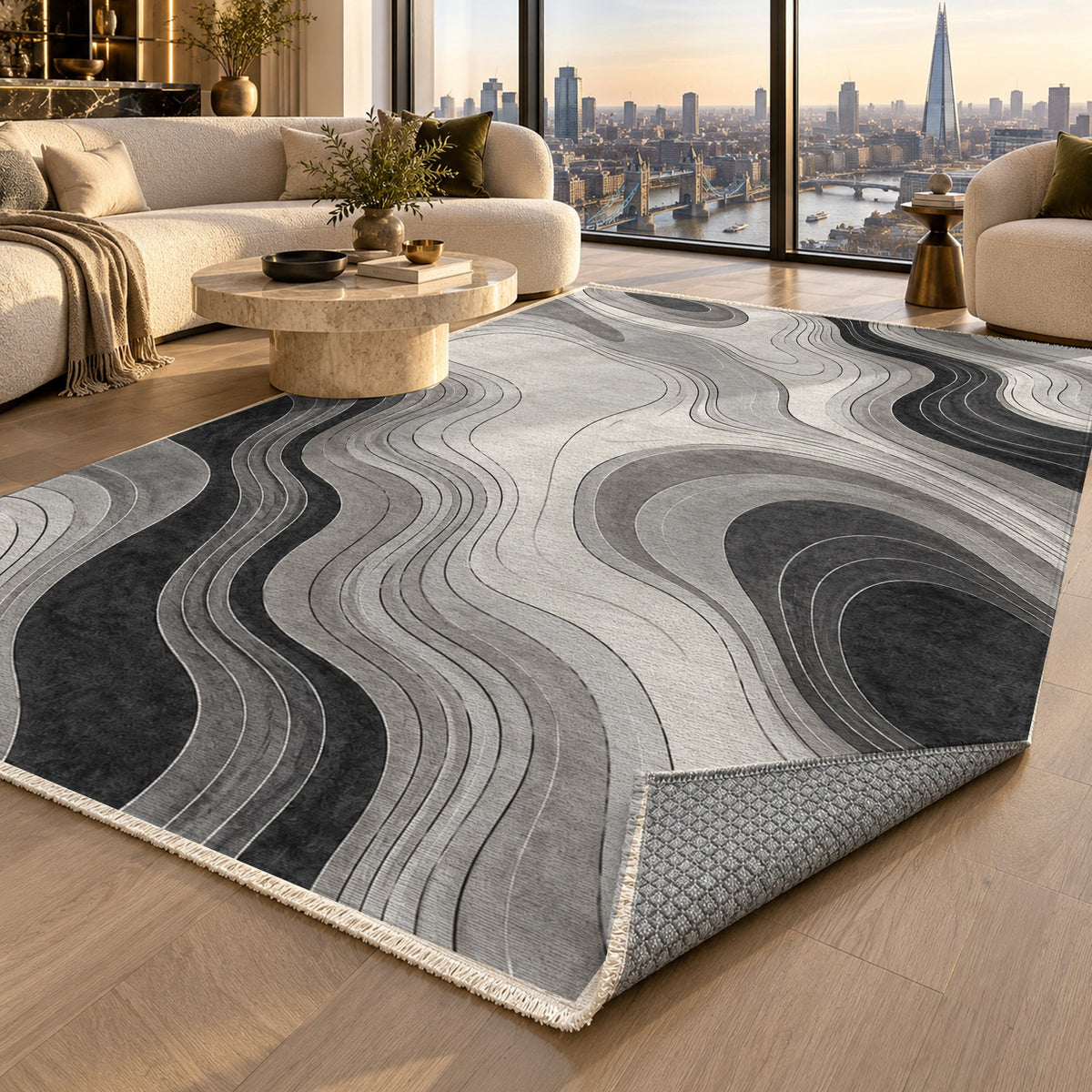 Contour Flow Charcoal Ivory Modern Washable Rug — london luxury living