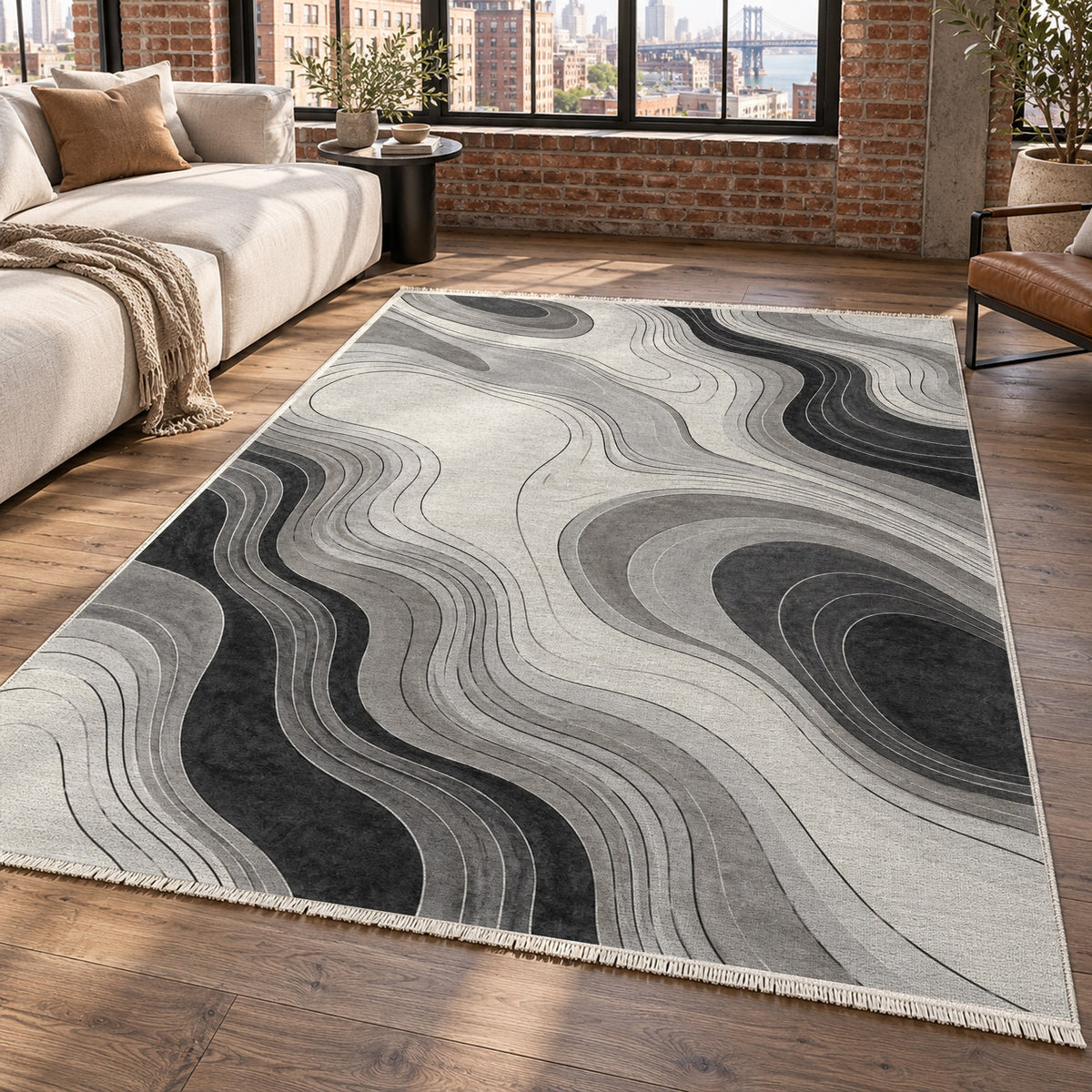 Contour Flow Charcoal Ivory Modern Washable Rug — new york living