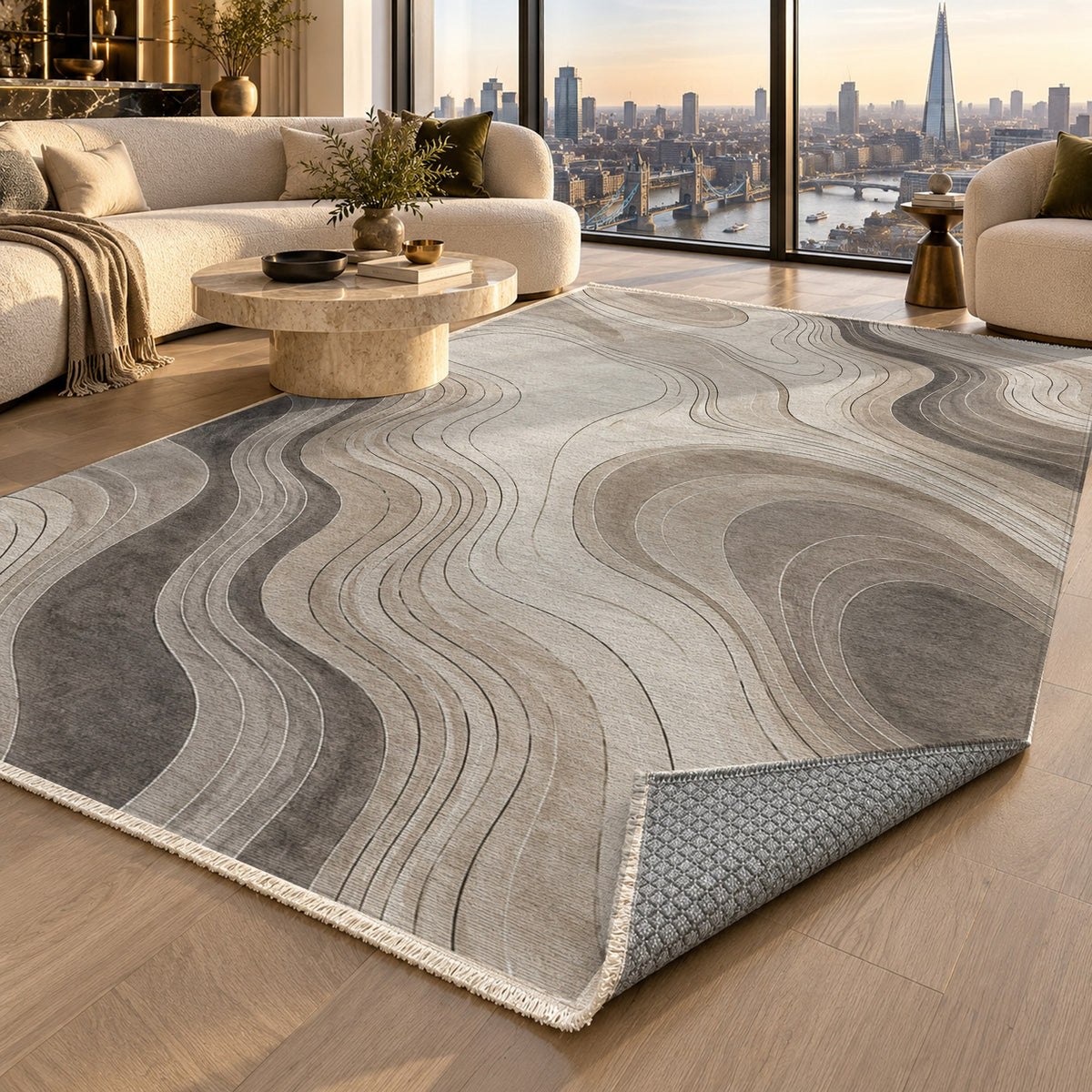 Contour Flow Ivory Taupe Modern Washable Rug — london luxury living