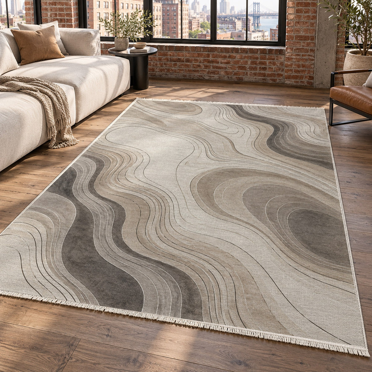 Contour Flow Ivory Taupe Modern Washable Rug — new york living