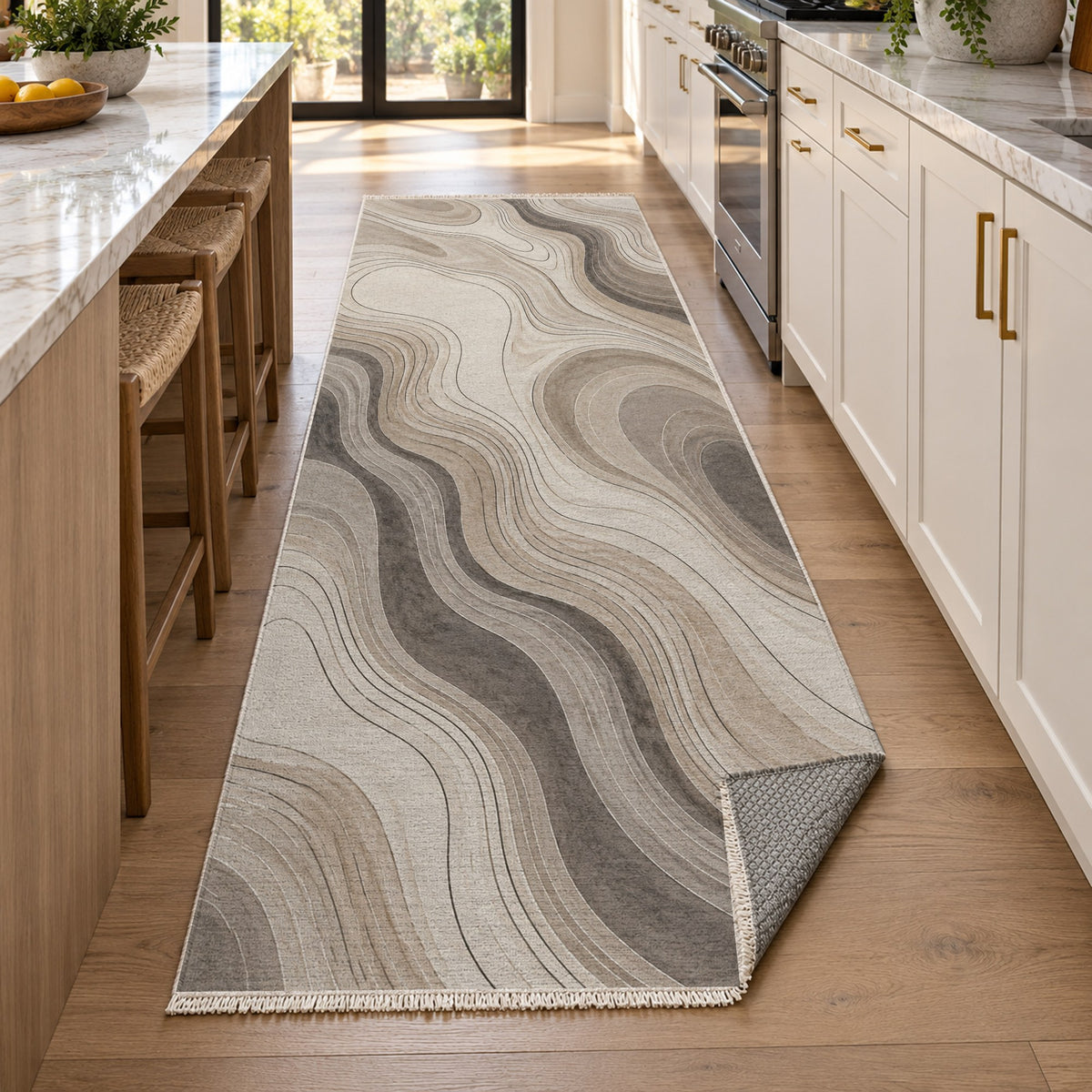 Contour Flow Ivory Taupe Modern Washable Rug — new york kitchen runner