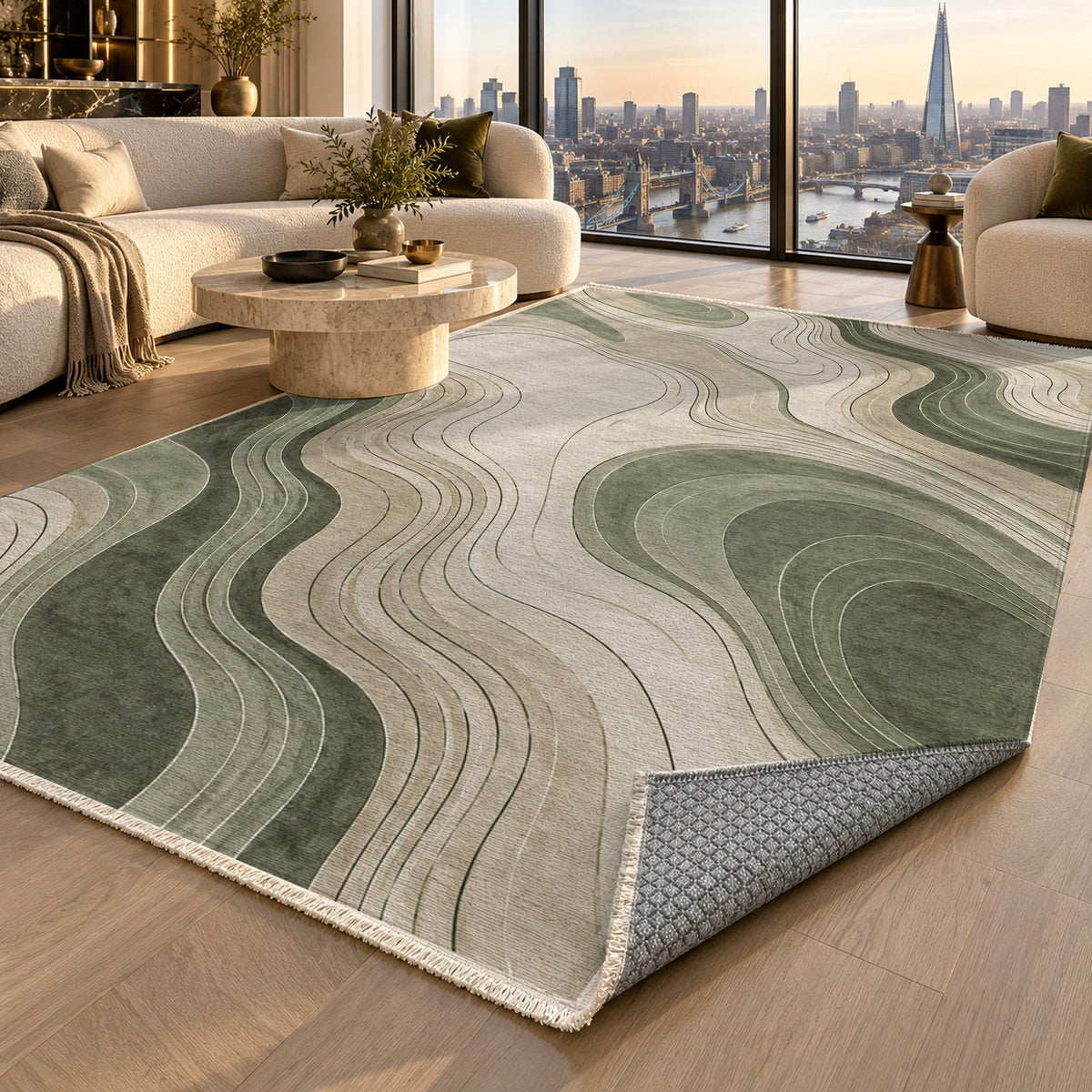 Contour Flow Sage Sand Modern Washable Rug — london luxury living