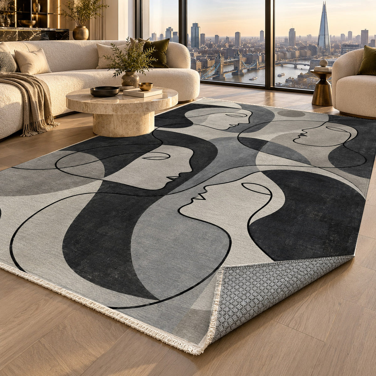 Conversation Charcoal Abstract Washable Rug — london luxury living