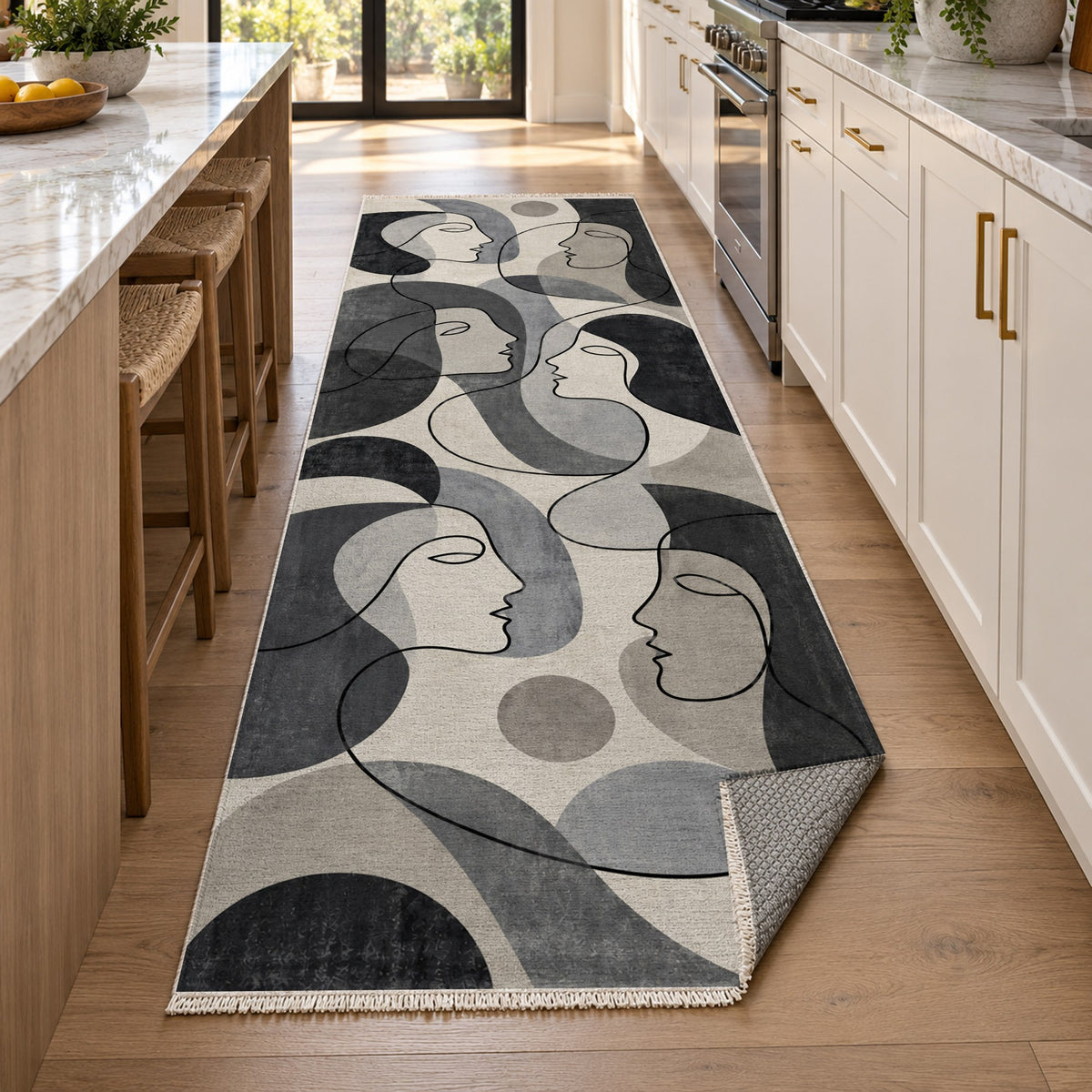 Conversation Charcoal Abstract Washable Rug — new york kitchen runner