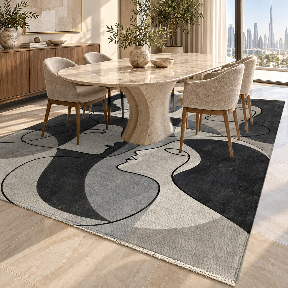 Conversation Charcoal Abstract Washable Rug — dubai dining