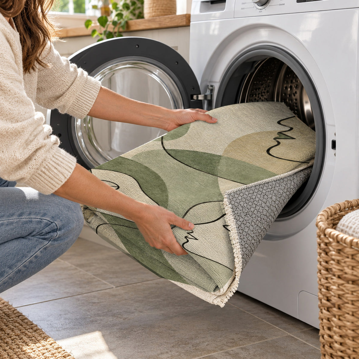 Conversation Sage Abstract Washable Rug — washing machine