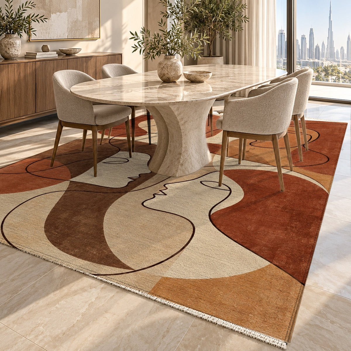 Conversation Terracotta Abstract Washable Rug — dubai dining