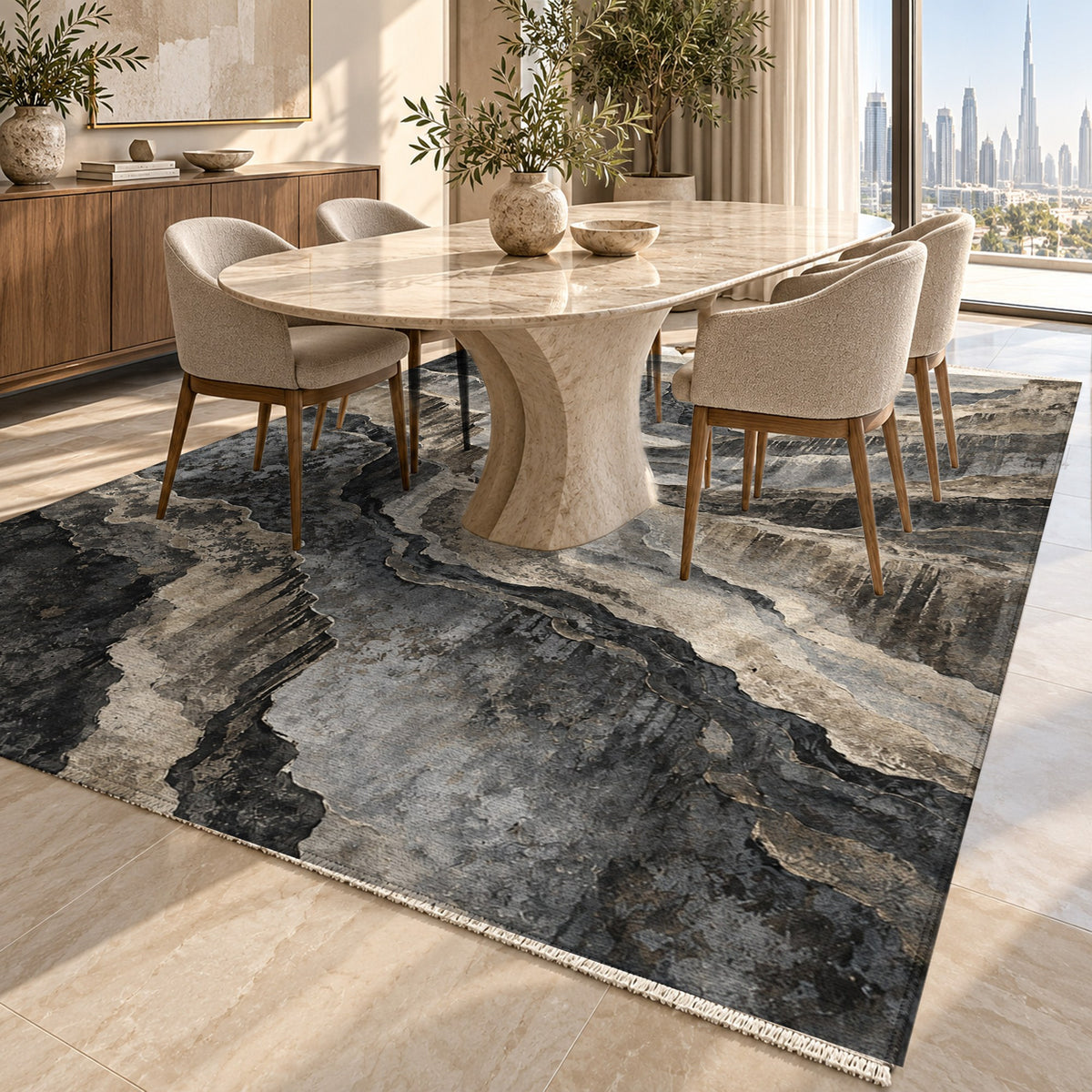 Copper Canyon Charcoal Abstract Washable Rug — dubai dining