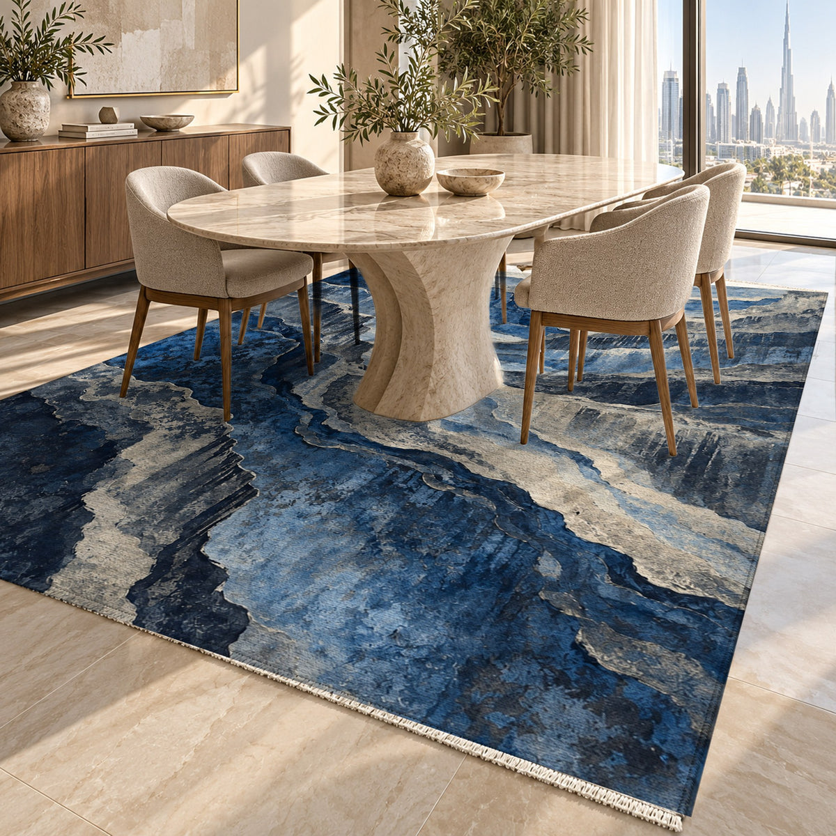 Copper Canyon Indigo Abstract Washable Rug — dubai dining