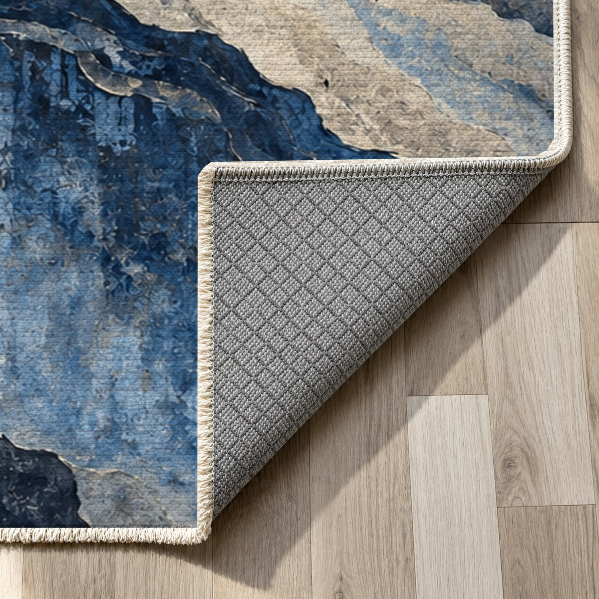 Copper Canyon Indigo Abstract Washable Rug — backing close up