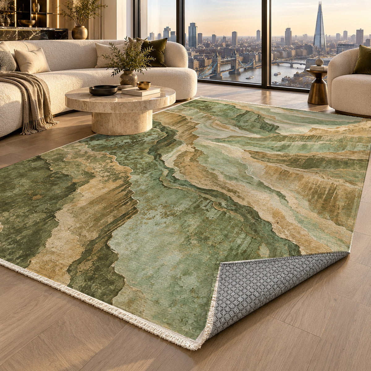 Copper Canyon Sage Abstract Washable Rug — london luxury living