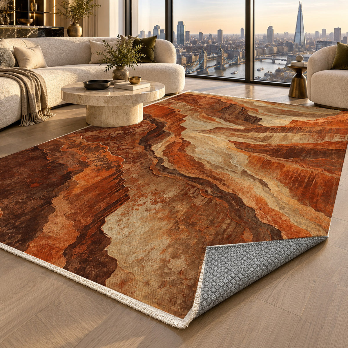 Copper Canyon Terracotta Abstract Washable Rug — london luxury living