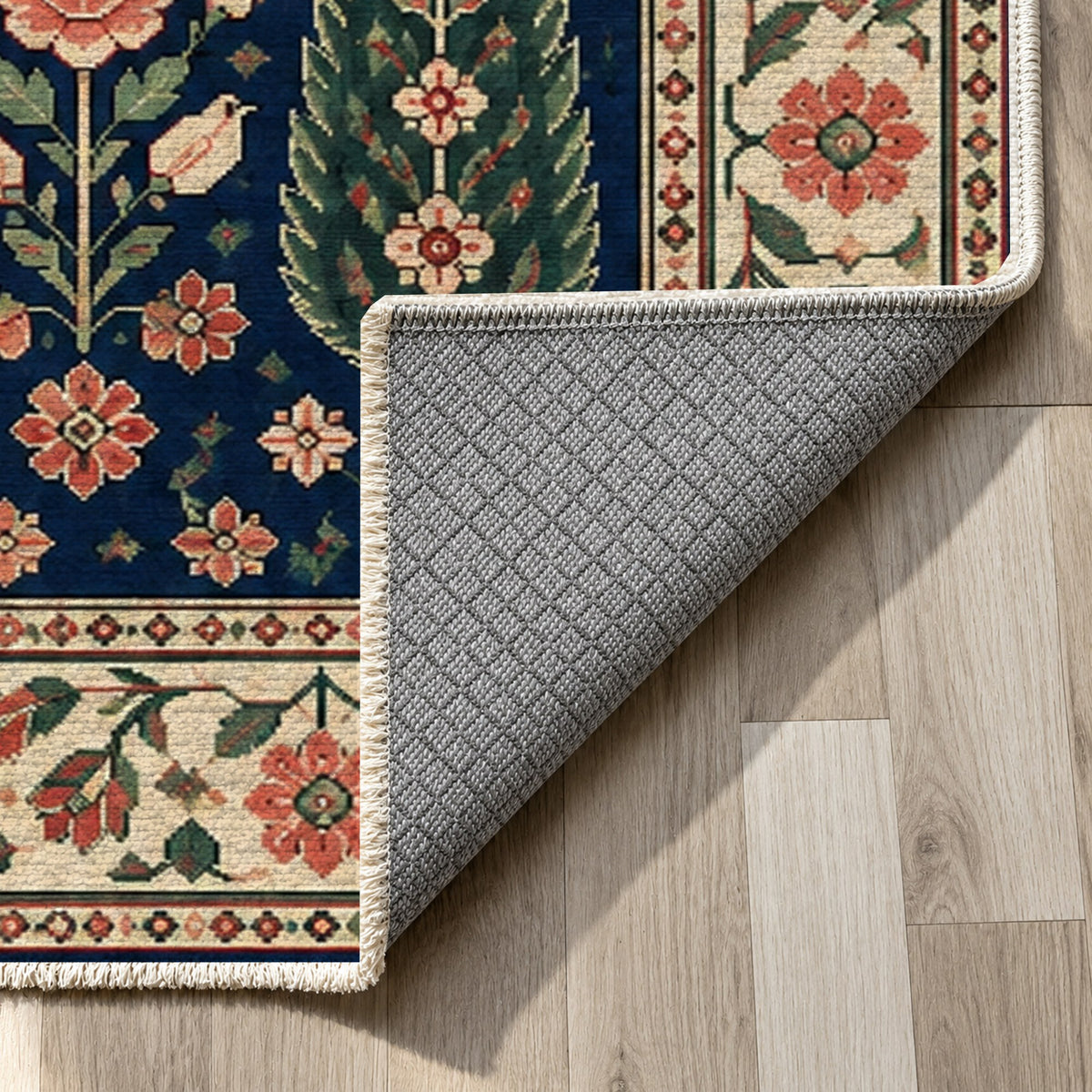 Cypress Bloom Indigo Rose Ethnic Washable Rug — backing close up