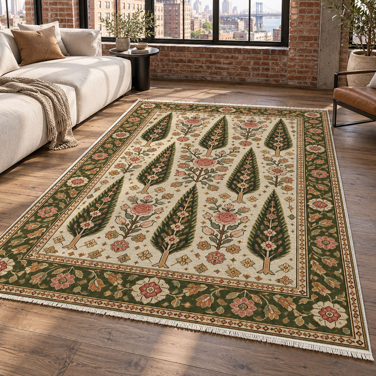 Cypress Bloom Ivory Olive Ethnic Washable Rug — new york living