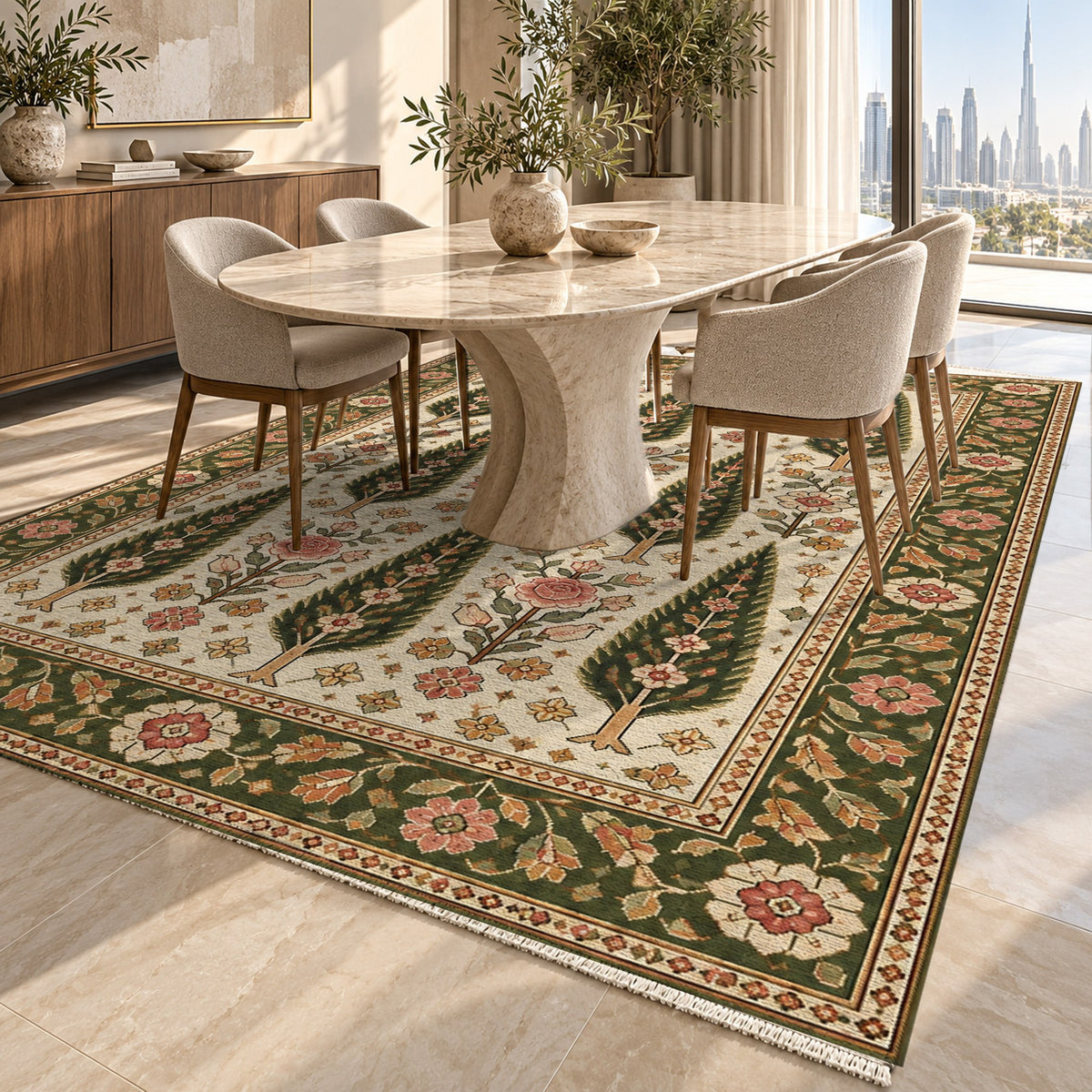 Cypress Bloom Ivory Olive Ethnic Washable Rug — dubai dining