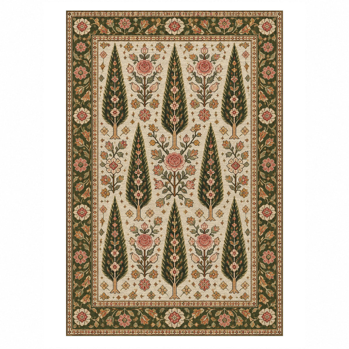 Cypress Bloom Ivory Olive Ethnic Washable Rug — top view