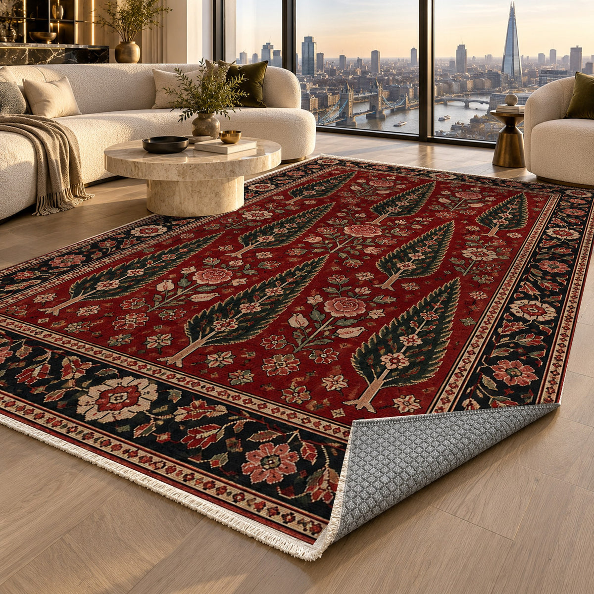 Cypress Bloom Ruby Midnight Ethnic Washable Rug — london luxury living