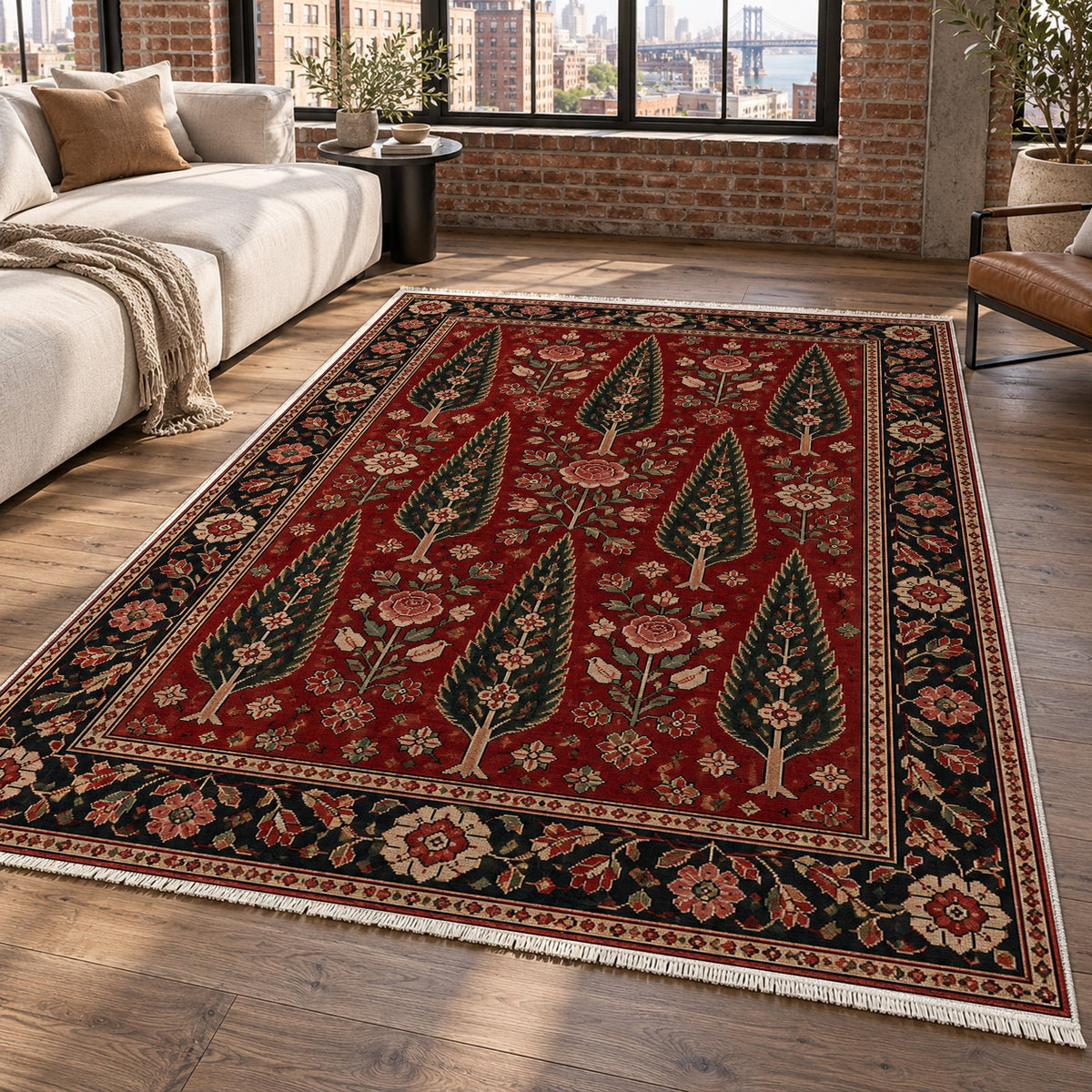 Cypress Bloom Ruby Midnight Ethnic Washable Rug — new york living