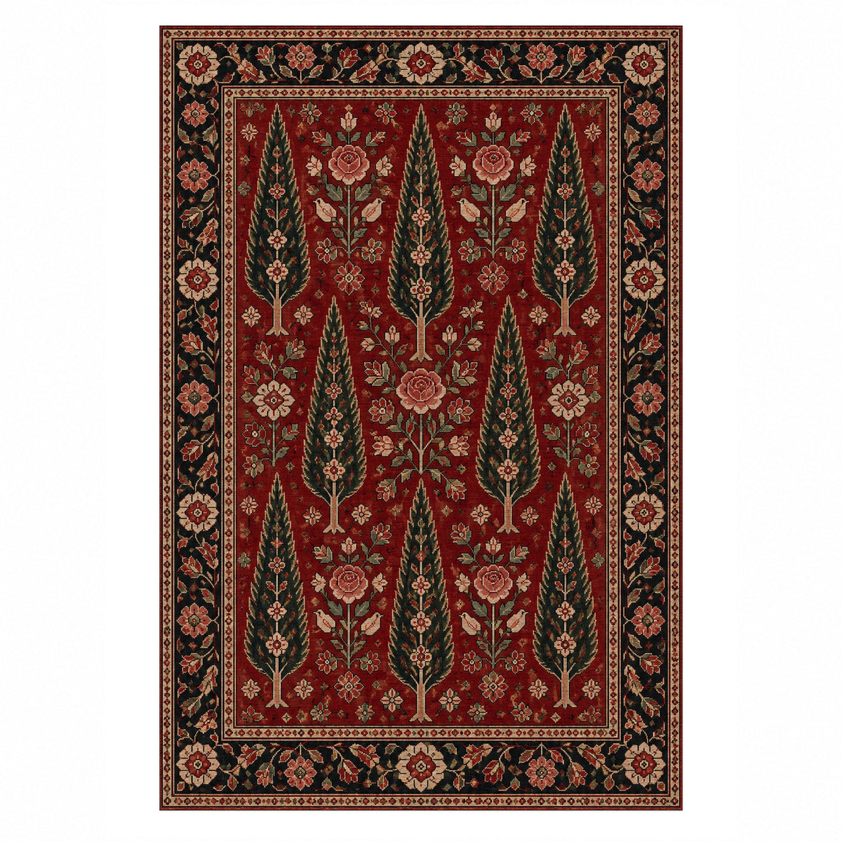 Cypress Bloom Ruby Midnight Ethnic Washable Rug — top view