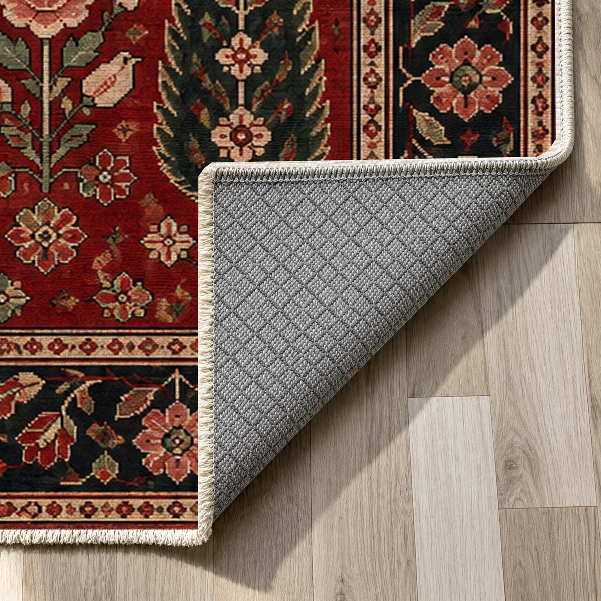 Cypress Bloom Ruby Midnight Ethnic Washable Rug — backing close up