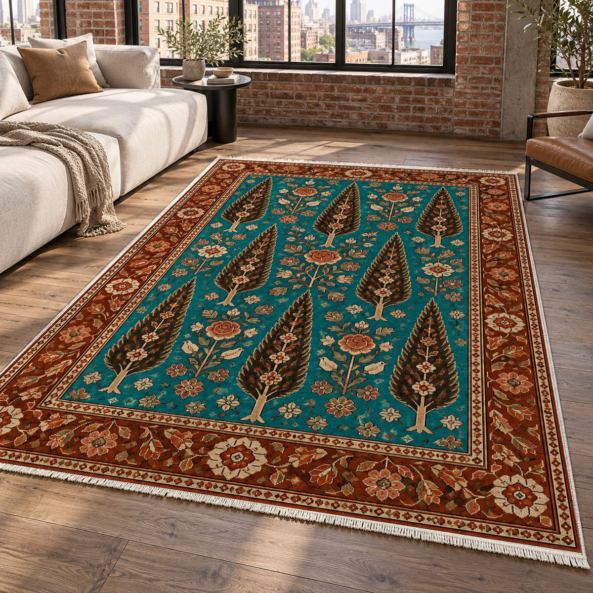 Cypress Bloom Turquoise Copper Ethnic Washable Rug — new york living