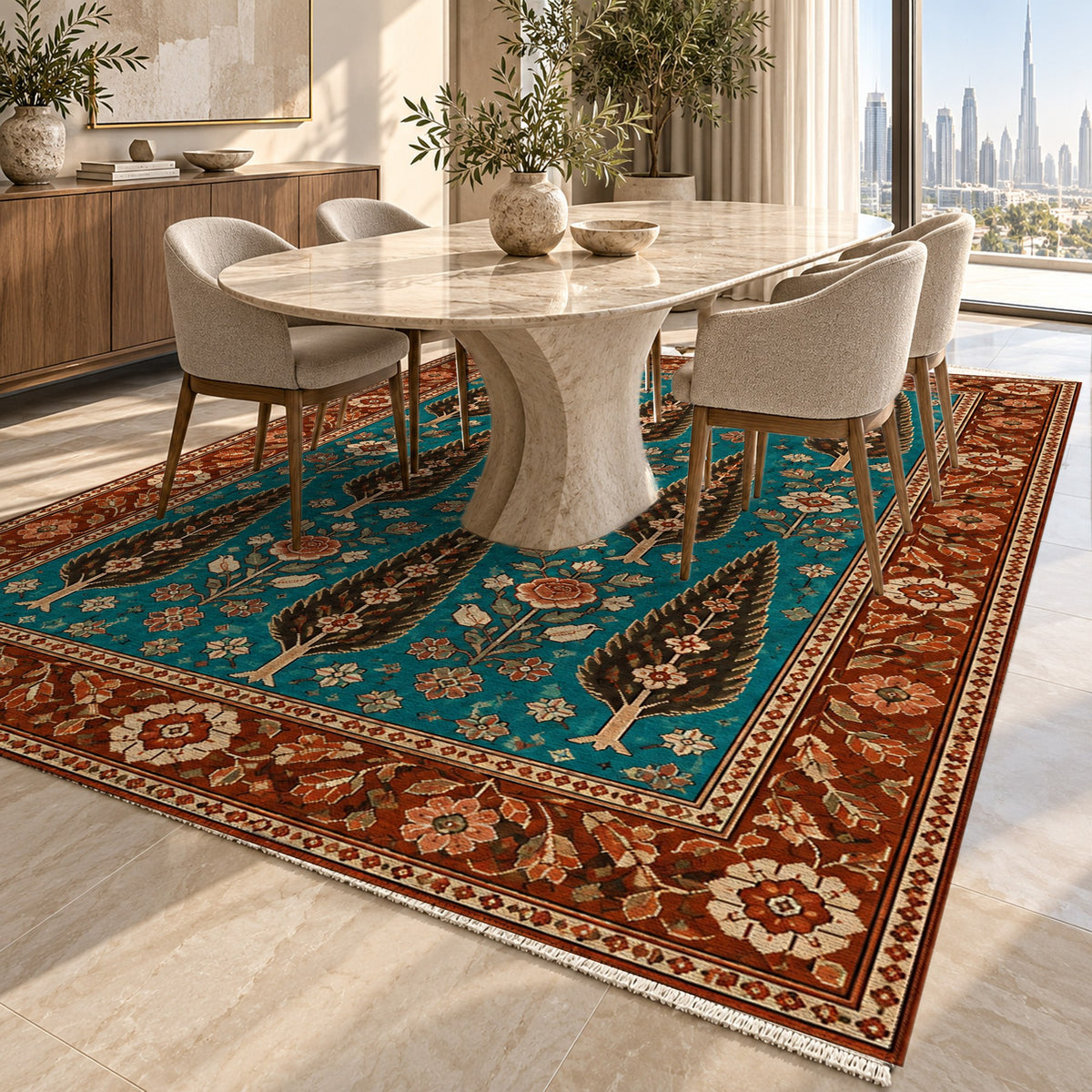 Cypress Bloom Turquoise Copper Ethnic Washable Rug — dubai dining