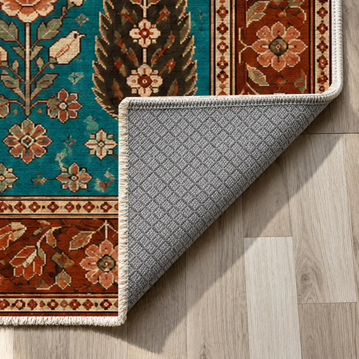 Cypress Bloom Turquoise Copper Ethnic Washable Rug — backing close up