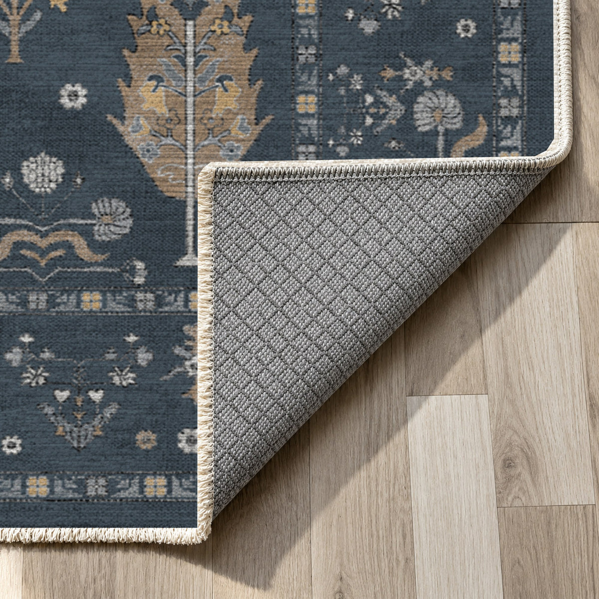 Cypress Garden Charcoal Classic Washable Rug — backing close up