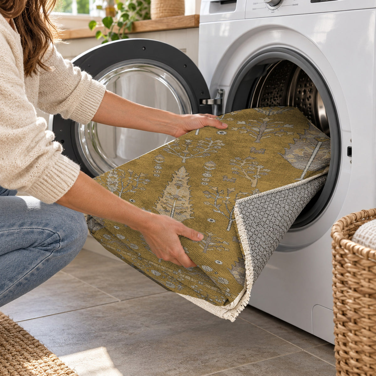 Cypress Garden Muted Gold Classic Washable Rug — washing machine