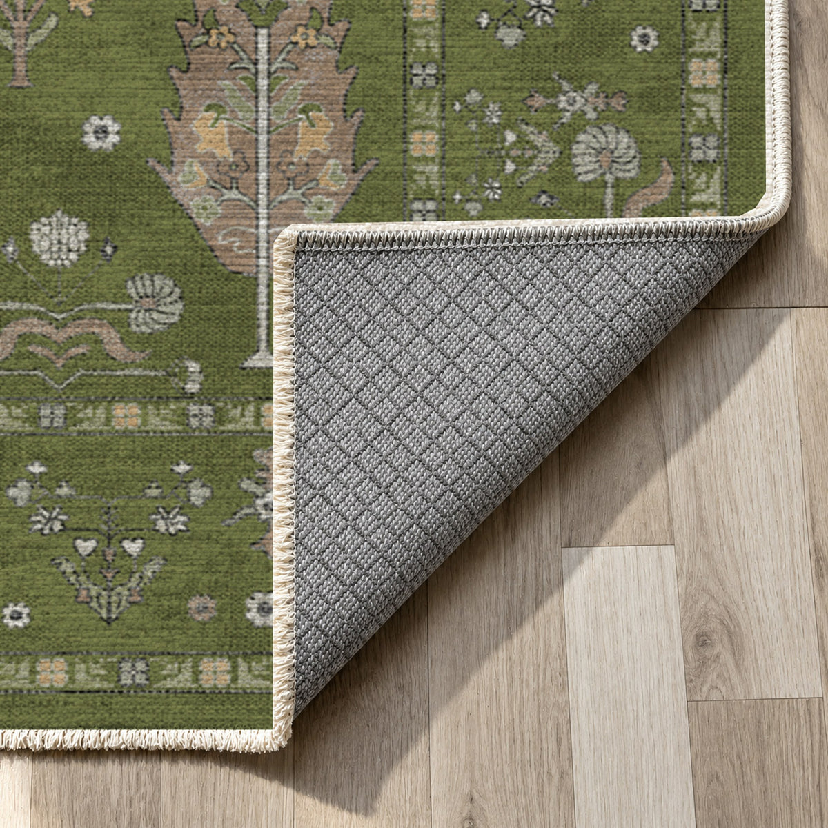 Cypress Garden Olive Classic Washable Rug — backing close up