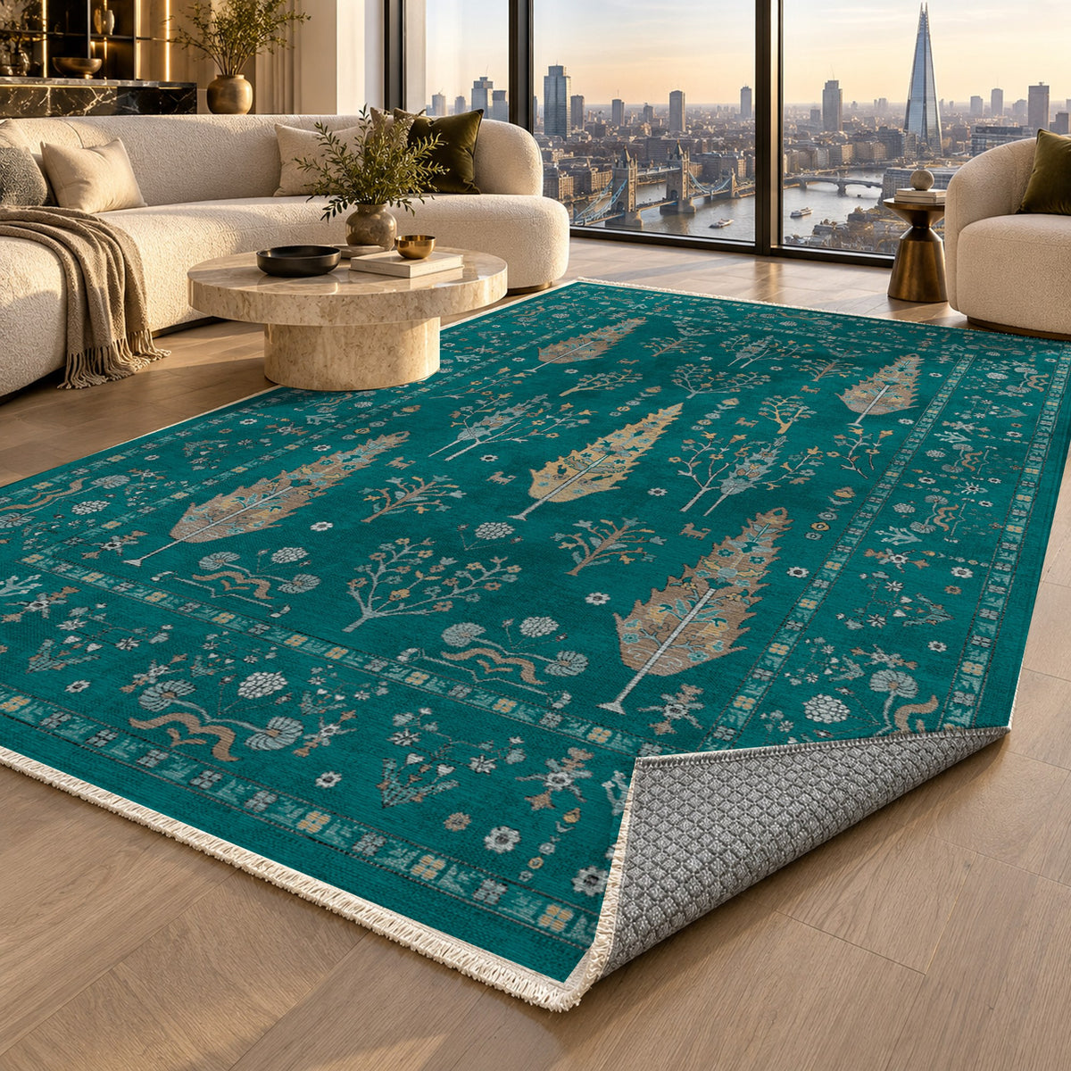 Cypress Garden Teal Classic Washable Rug — london luxury living