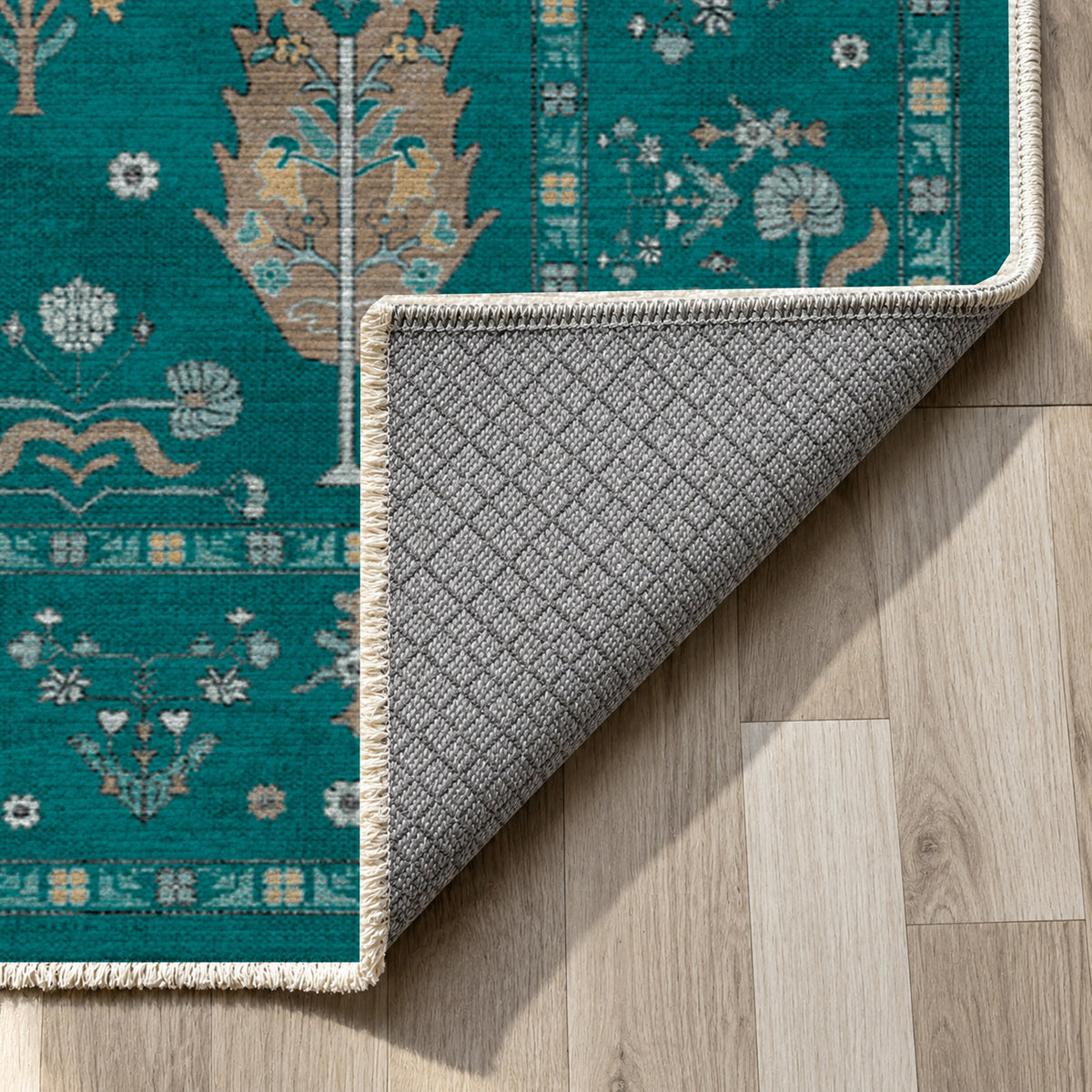 Cypress Garden Teal Classic Washable Rug — backing close up