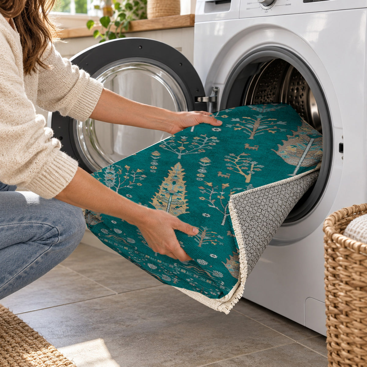 Cypress Garden Teal Classic Washable Rug — washing machine